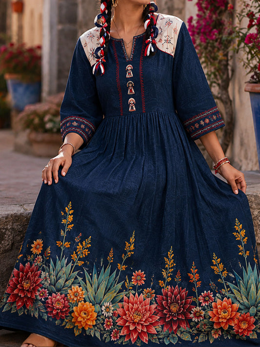 Mujeres México Lele muñeca floral arte impreso vestido de lino