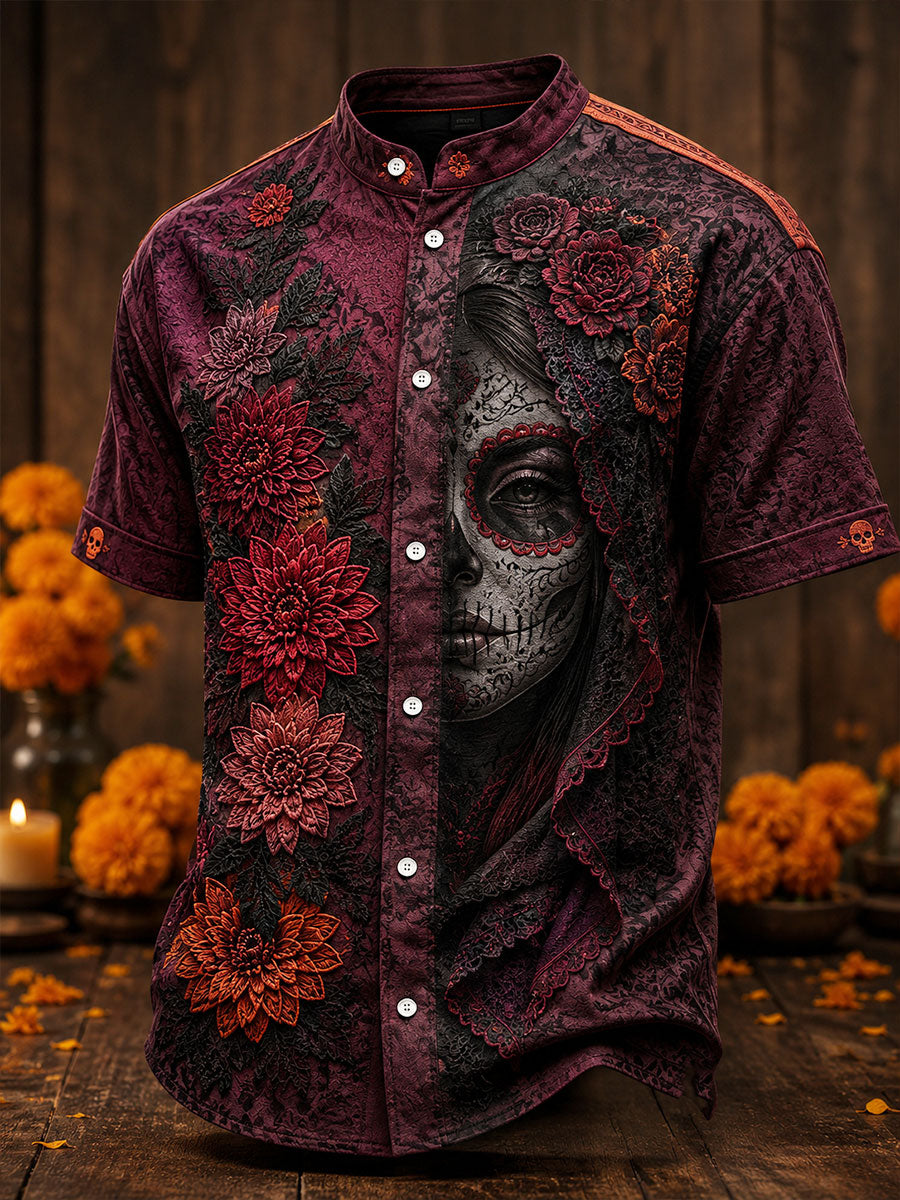 Camisa de lino para hombre con estampado floral mexicano del Día de los Muertos