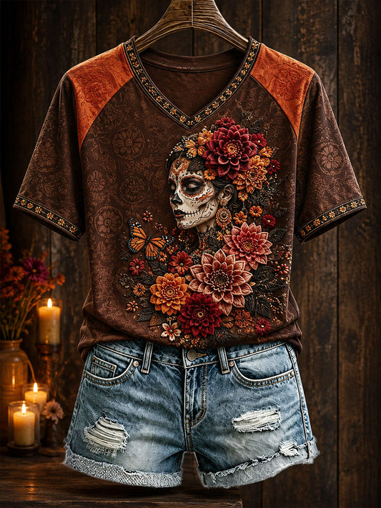Camiseta estampada con arte floral del Día de los Muertos mexicano para mujer