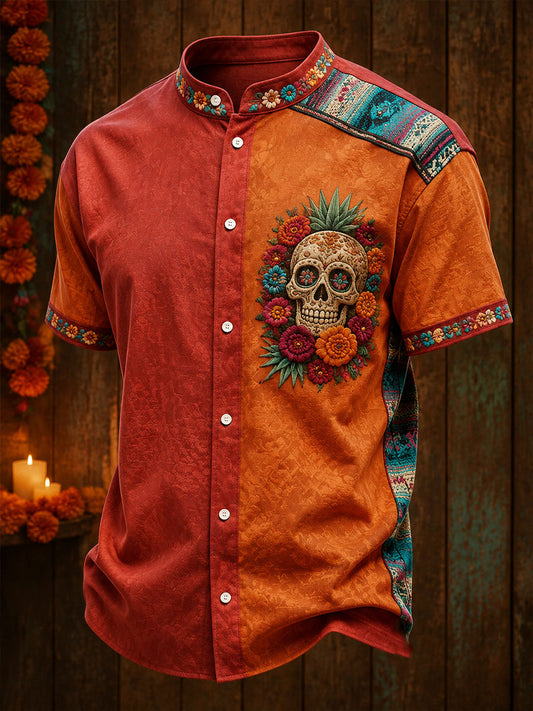 Camisa de lino para hombre con estampado floral mexicano del Día de los Muertos