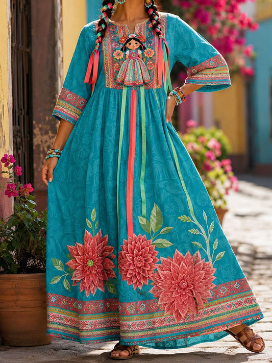 Vestido de lino estampado con diseño floral de muñeca Lele mexicana para mujer