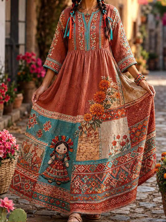 Vestido de lino estampado con diseño floral de muñeca Lele mexicana para mujer