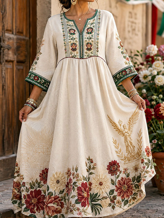 Vestido de lino estampado con diseño floral de muñeca Lele mexicana para mujer