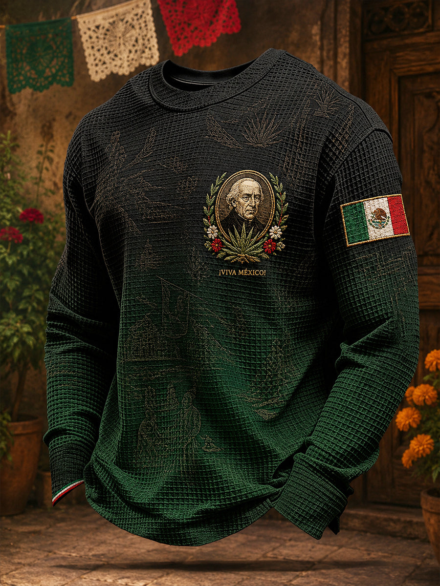 Sudadera de waffle con estampado artístico del Día de la Independencia de México para hombre