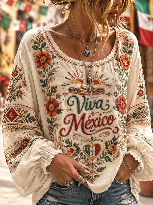 Top de manga larga con estampado floral mexicano del Día de la Independencia para mujer