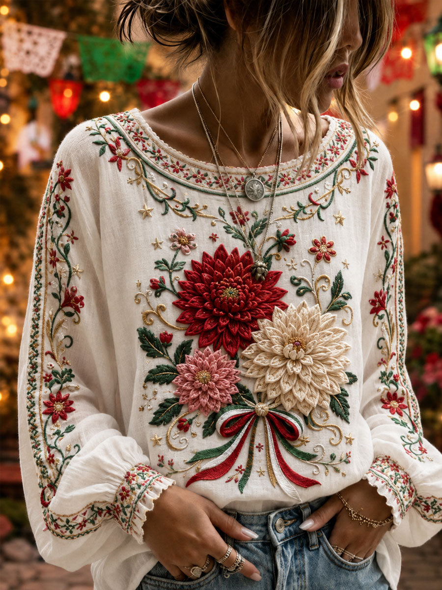 Mujer Estampado Floral Día de la Independencia de México Manga Larga Top