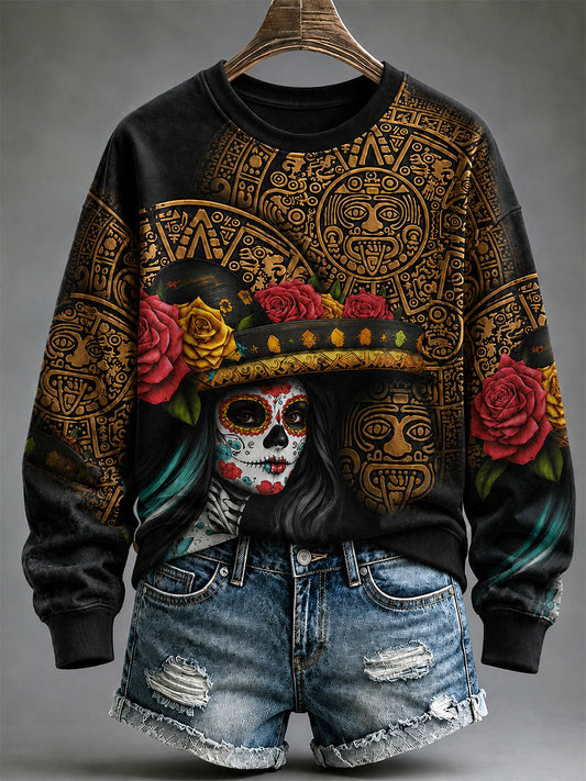 Sudadera casual con estampado artístico del Día de los Muertos mexicano para mujer