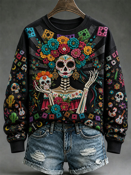 Sudadera casual con estampado artístico del Día de los Muertos mexicano para mujer