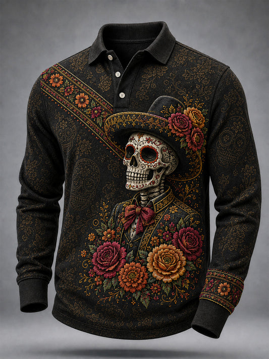 México Día de los Muertos de los hombres de impresión de arte Casual Polo de manga larga
