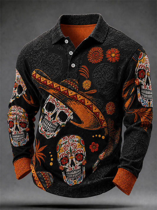Poló casual de manga larga para hombre con estampado artístico del Día de los Muertos mexicano