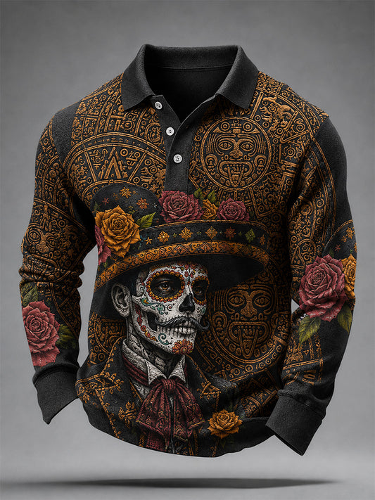 Poló casual de manga larga para hombre con estampado artístico del Día de los Muertos mexicano