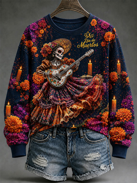 Sudadera casual con estampado artístico del Día de los Muertos mexicano para mujer