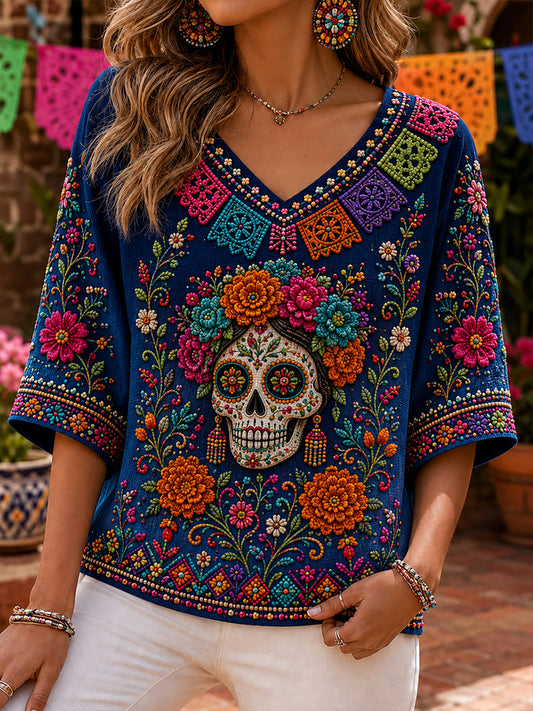 Día de México de los muertos de las mujeres Patrón de lino con cuello en V Camisa