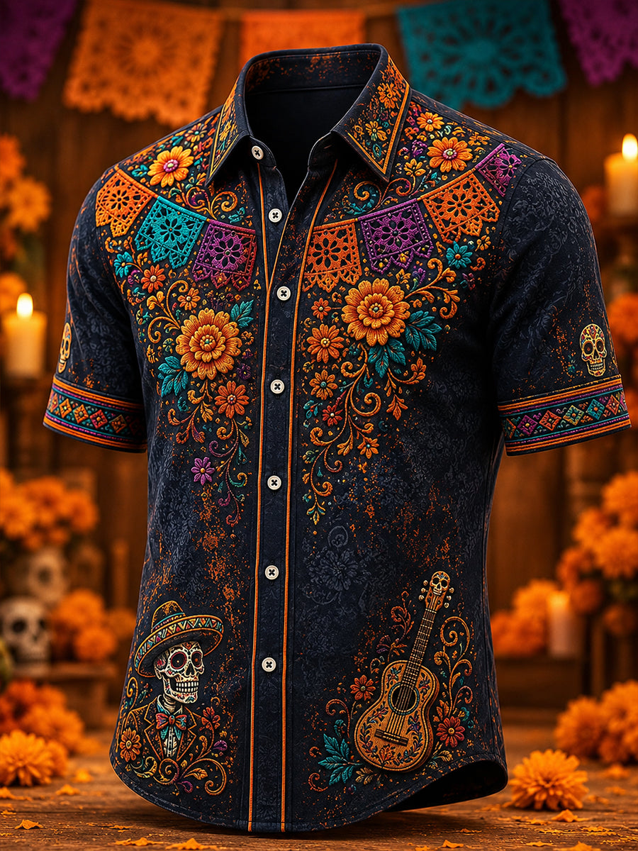 Camisa de manga corta con estampado de día de muertos de México para hombre