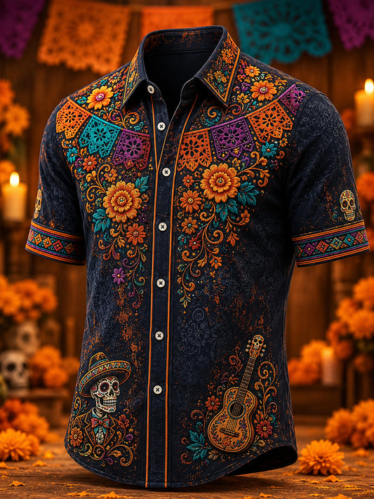 Camisa de manga corta con estampado de día de muertos de México para hombre