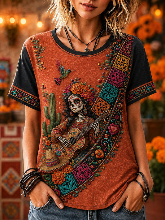 Camiseta de manga corta para mujer con diseño del Día de los Muertos de México