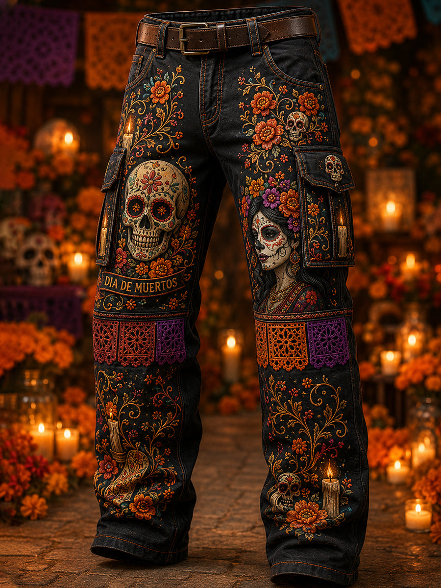 Pantalones de trabajo informales para hombres con diseño del Día de los Muertos de México