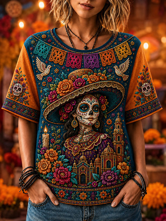 Camiseta de manga corta para mujer con diseño del Día de los Muertos de México