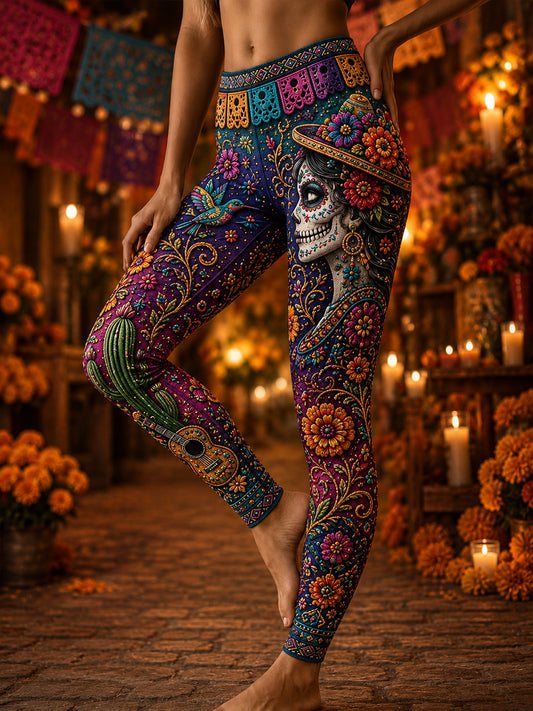 Mallas casuales de cintura alta y corte ajustado con diseño del Día de Muertos de México para mujer