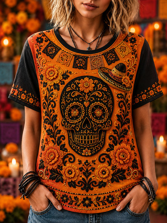 Camiseta de manga corta para mujer con diseño del Día de los Muertos de México