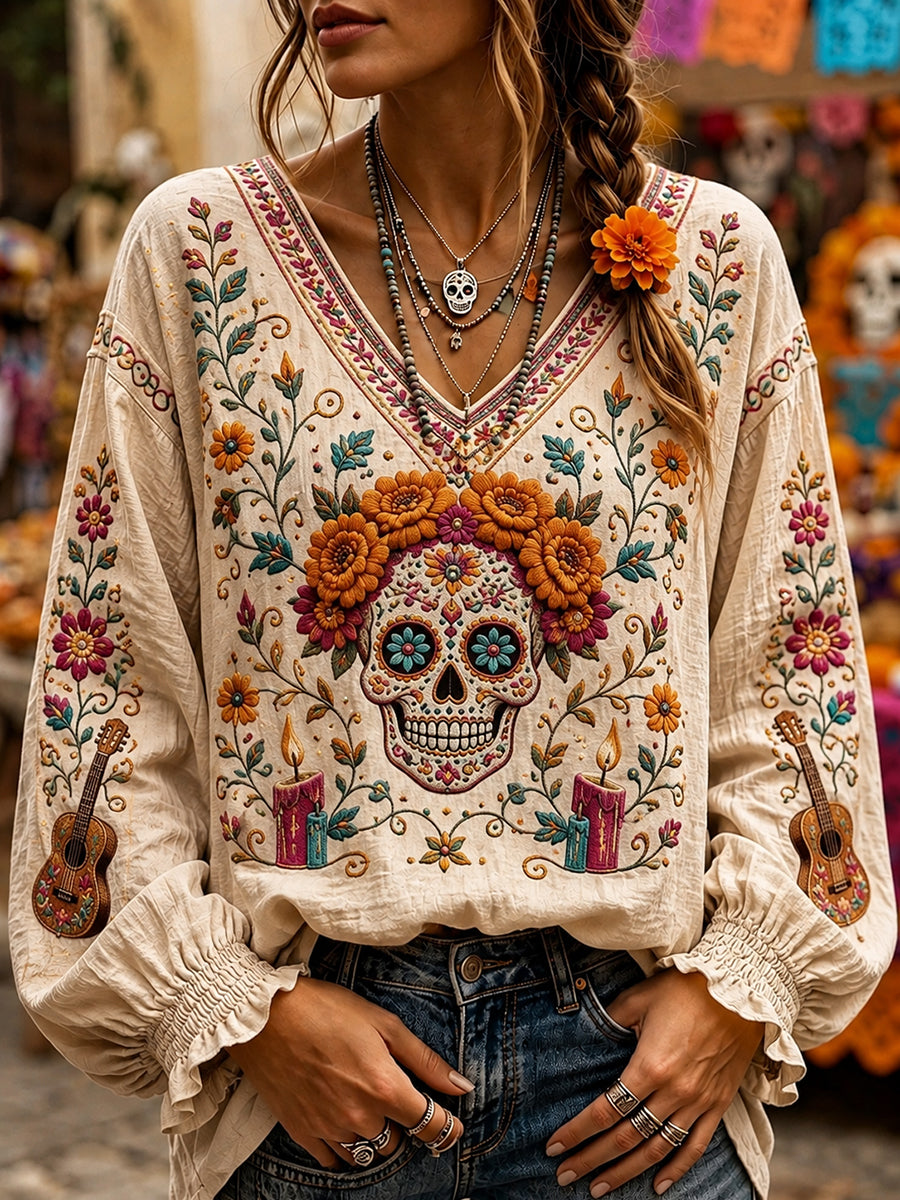 Camiseta cómoda con cuello en V y estampado floral mexicano de calavera de azúcar del Día de Muertos para mujer