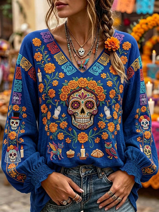 Camiseta cómoda con cuello en V y estampado floral mexicano de calavera de azúcar del Día de Muertos para mujer