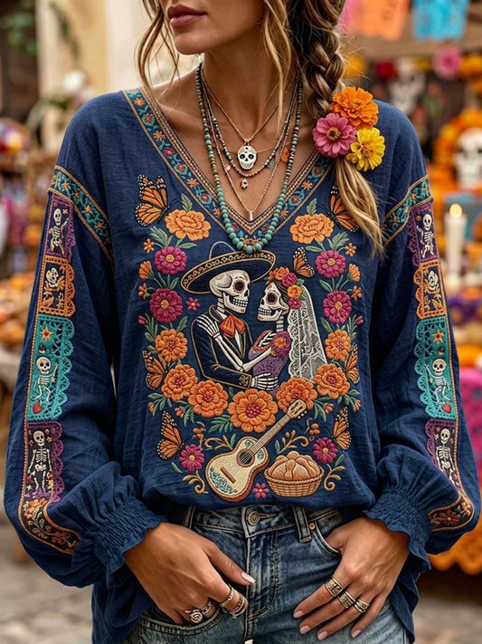 Día de la mujer del cráneo muerto de azúcar mexicano estampado floral cómodo cuello en V camisa
