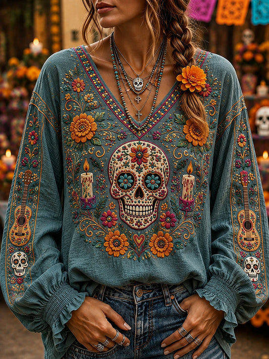 Camiseta cómoda con cuello en V y estampado floral mexicano de calavera de azúcar del Día de Muertos para mujer