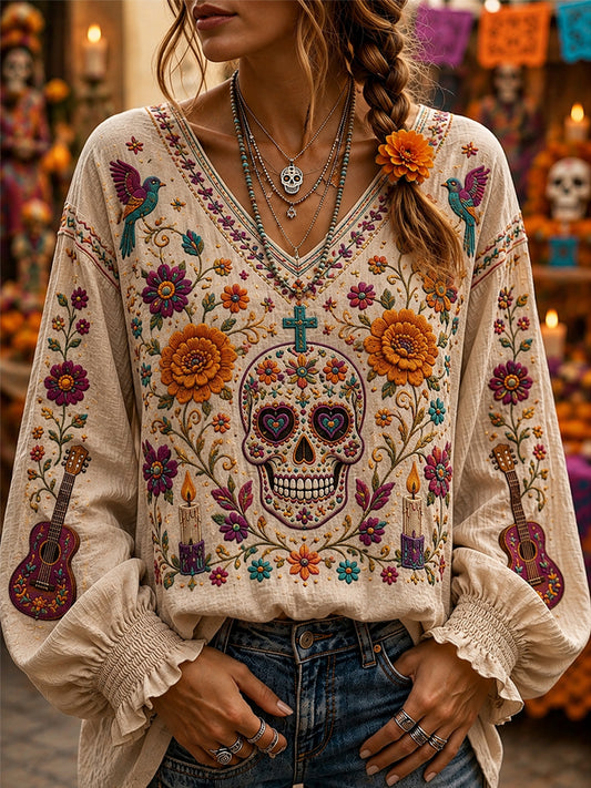Camiseta cómoda con cuello en V y estampado floral mexicano de calavera de azúcar del Día de Muertos para mujer