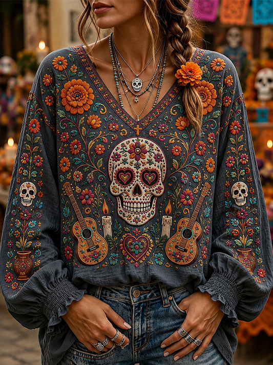 Camiseta cómoda con cuello en V y estampado floral mexicano de calavera de azúcar del Día de Muertos para mujer