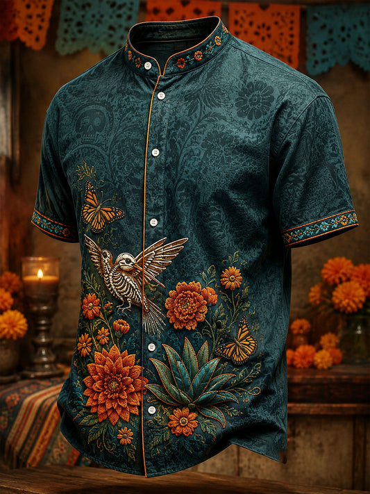 Camisa de lino para hombre con estampado floral mexicano del Día de los Muertos