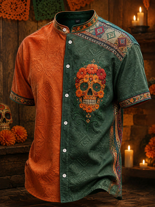 Camisa de lino para hombre con estampado floral mexicano del Día de los Muertos