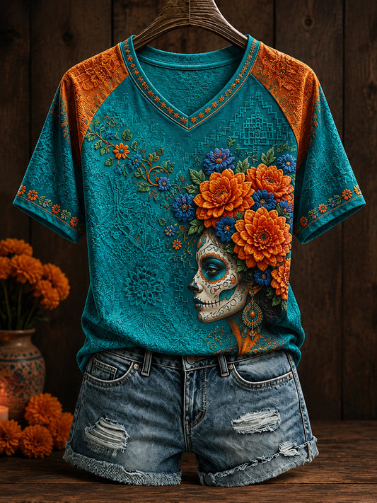 Camiseta estampada con arte floral del Día de los Muertos mexicano para mujer