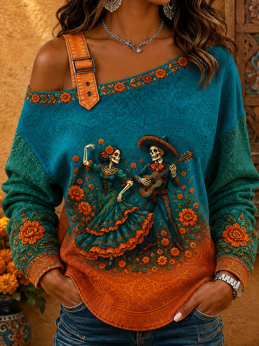 Día de México de las mujeres del arte floral muerto impreso sudadera fuera del hombro