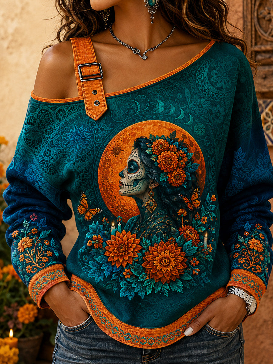 Día de México de las mujeres del arte floral muerto impreso sudadera fuera del hombro