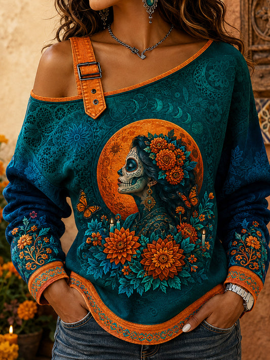 Día de México de las mujeres del arte floral muerto impreso sudadera fuera del hombro