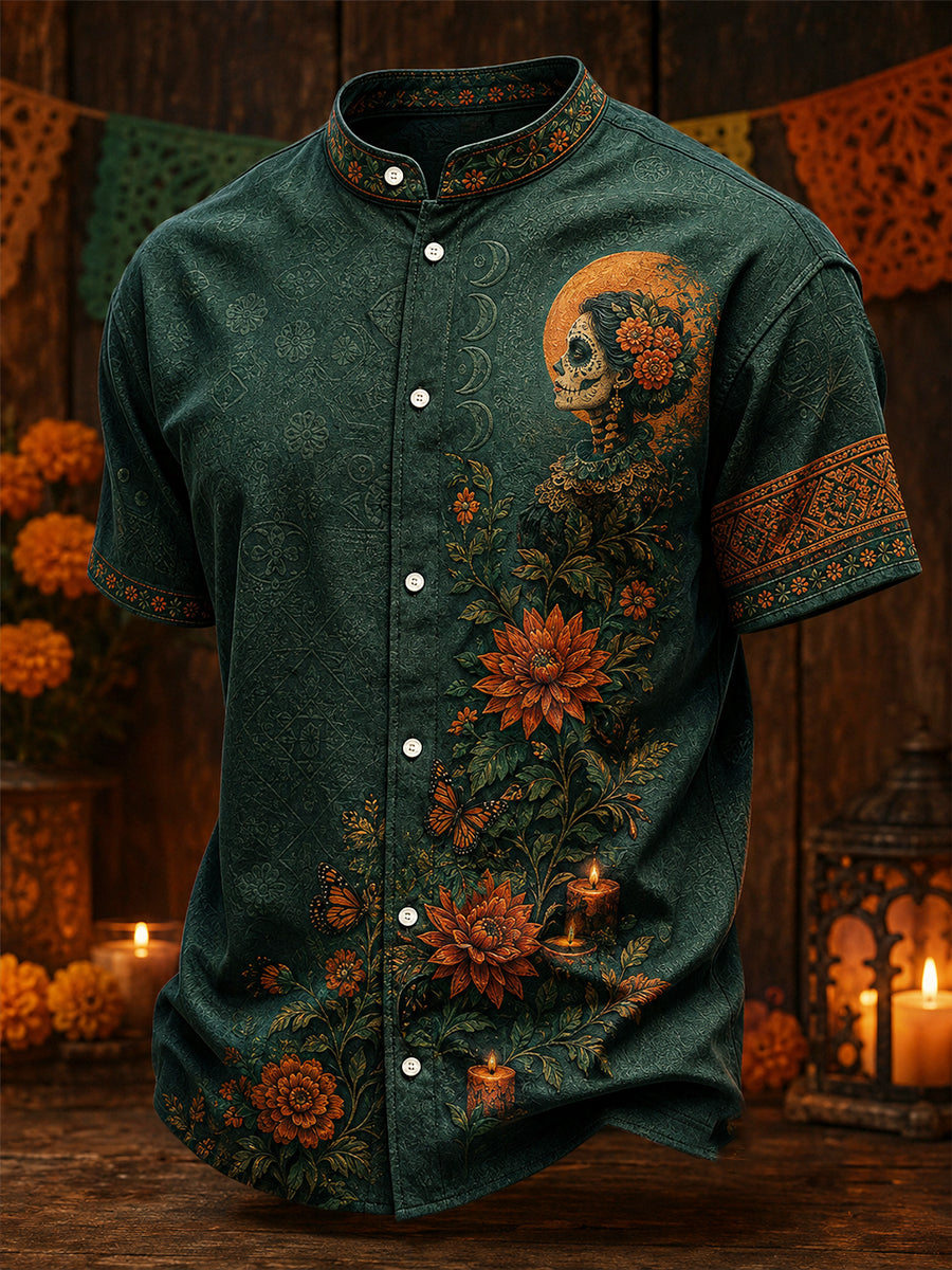 Camisa de lino para hombre con estampado floral mexicano del Día de los Muertos
