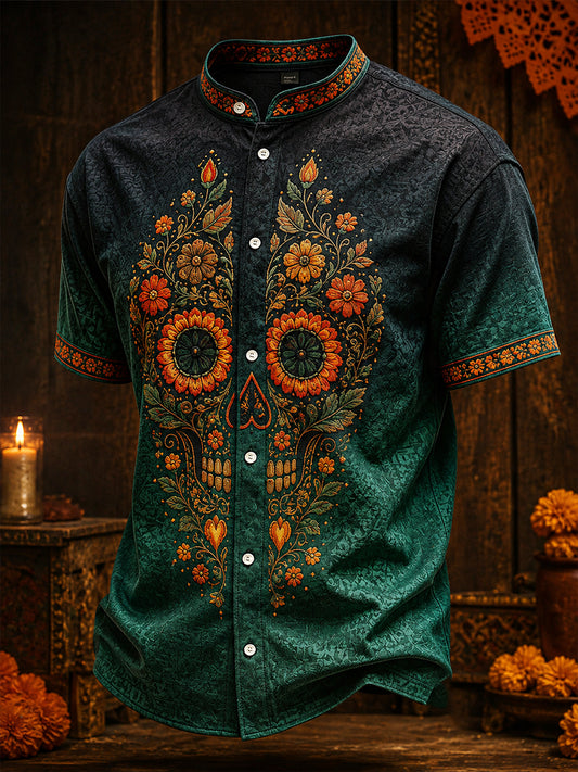 Camisa de lino para hombre con estampado floral mexicano del Día de los Muertos