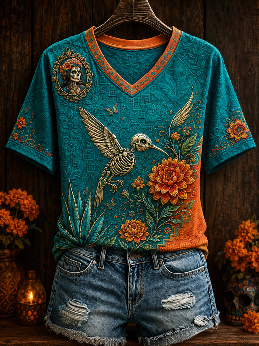 Camiseta estampada con arte floral del Día de los Muertos mexicano para mujer