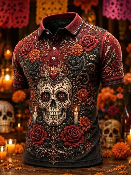 Polo casual con estampado artístico masculino del Día de Muertos mexicano