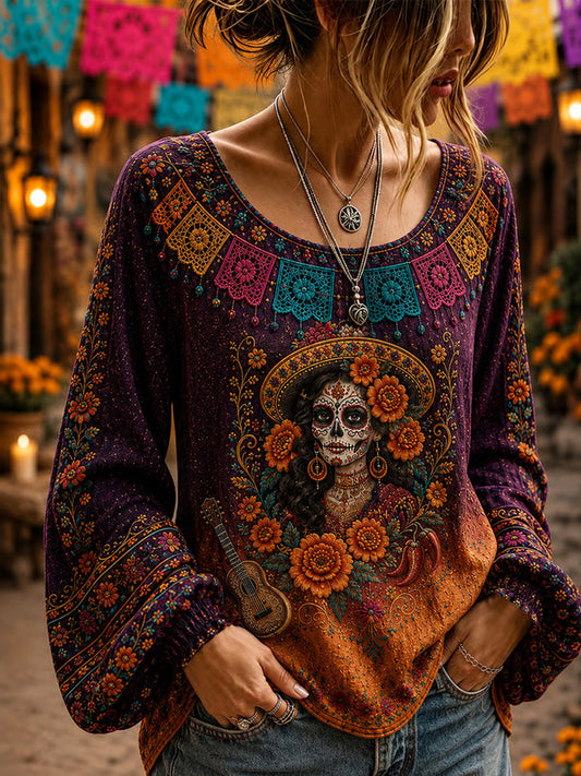 Top casual para mujer con estampado de arte del Día de los Muertos de México