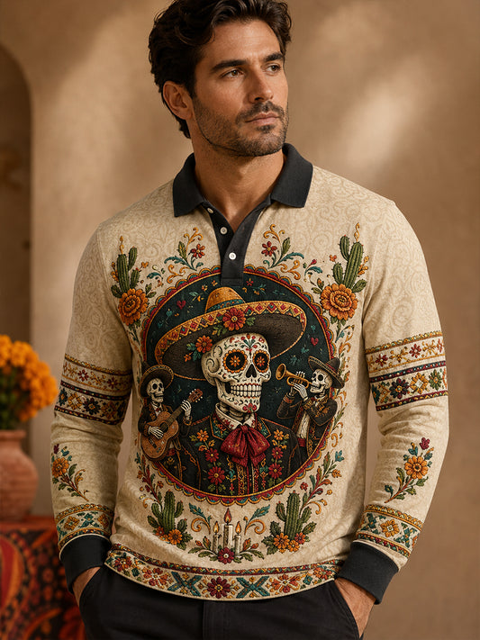 Camisa de manga larga para hombre con diseño del Día de los Muertos de México