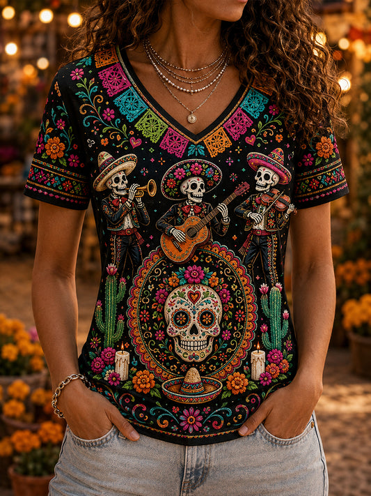 Camiseta de manga corta para mujer con diseño del Día de los Muertos de México
