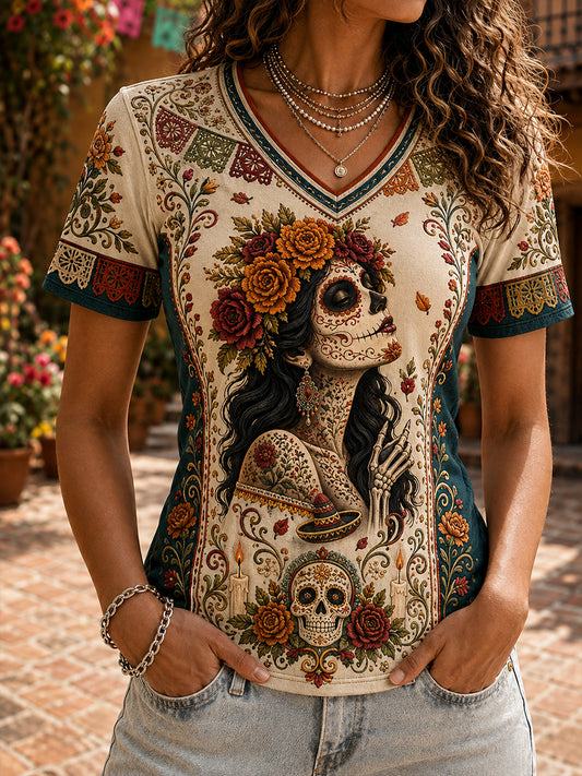 Camiseta de manga corta para mujer con diseño del Día de los Muertos de México