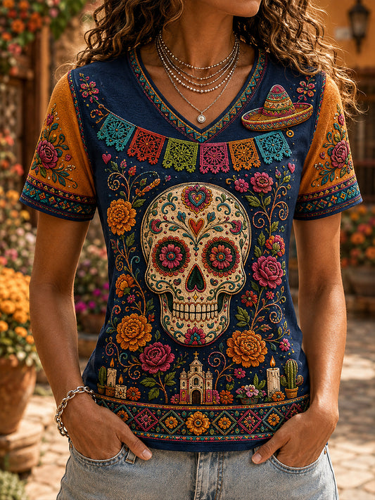 Camiseta de manga corta para mujer con diseño del Día de los Muertos de México