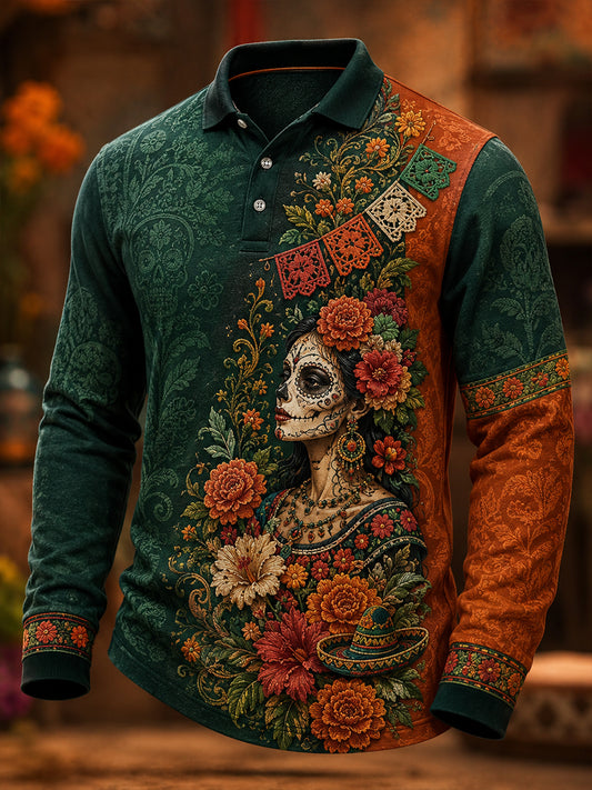 Camisa de manga larga para hombre con diseño del Día de los Muertos de México
