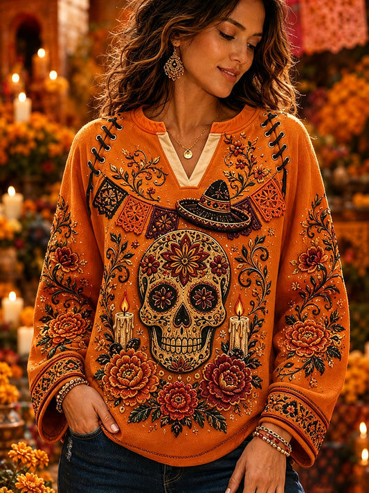 Camiseta de manga larga México Día de los Muertos para mujer