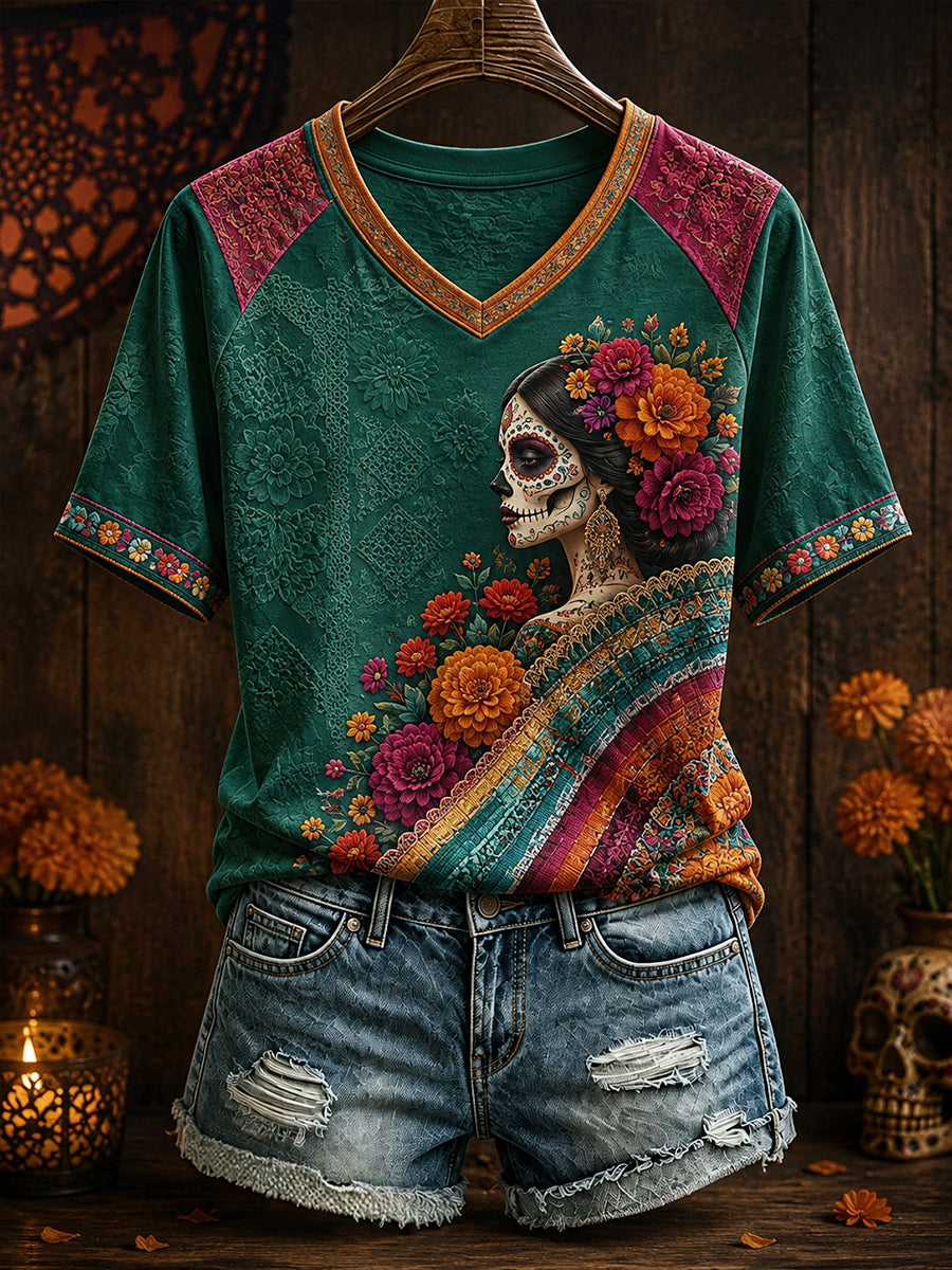 Camiseta estampada con arte floral del Día de los Muertos mexicano para mujer