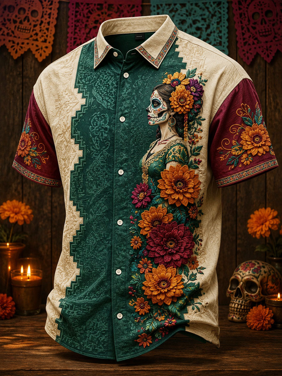 Camisa de lino para hombre con estampado floral mexicano del Día de los Muertos