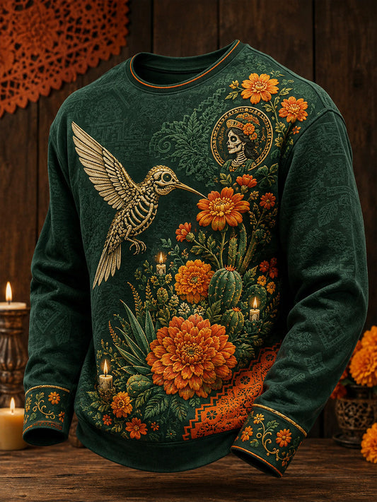 Sudadera estampada con diseño floral del Día de los Muertos mexicano para hombre